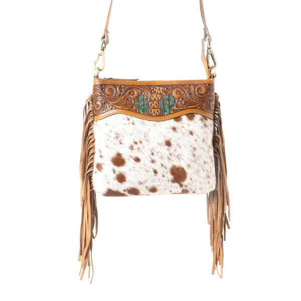 Myra Bag Sonora Charm Hand tooled Bag in Brown & White - S-12904