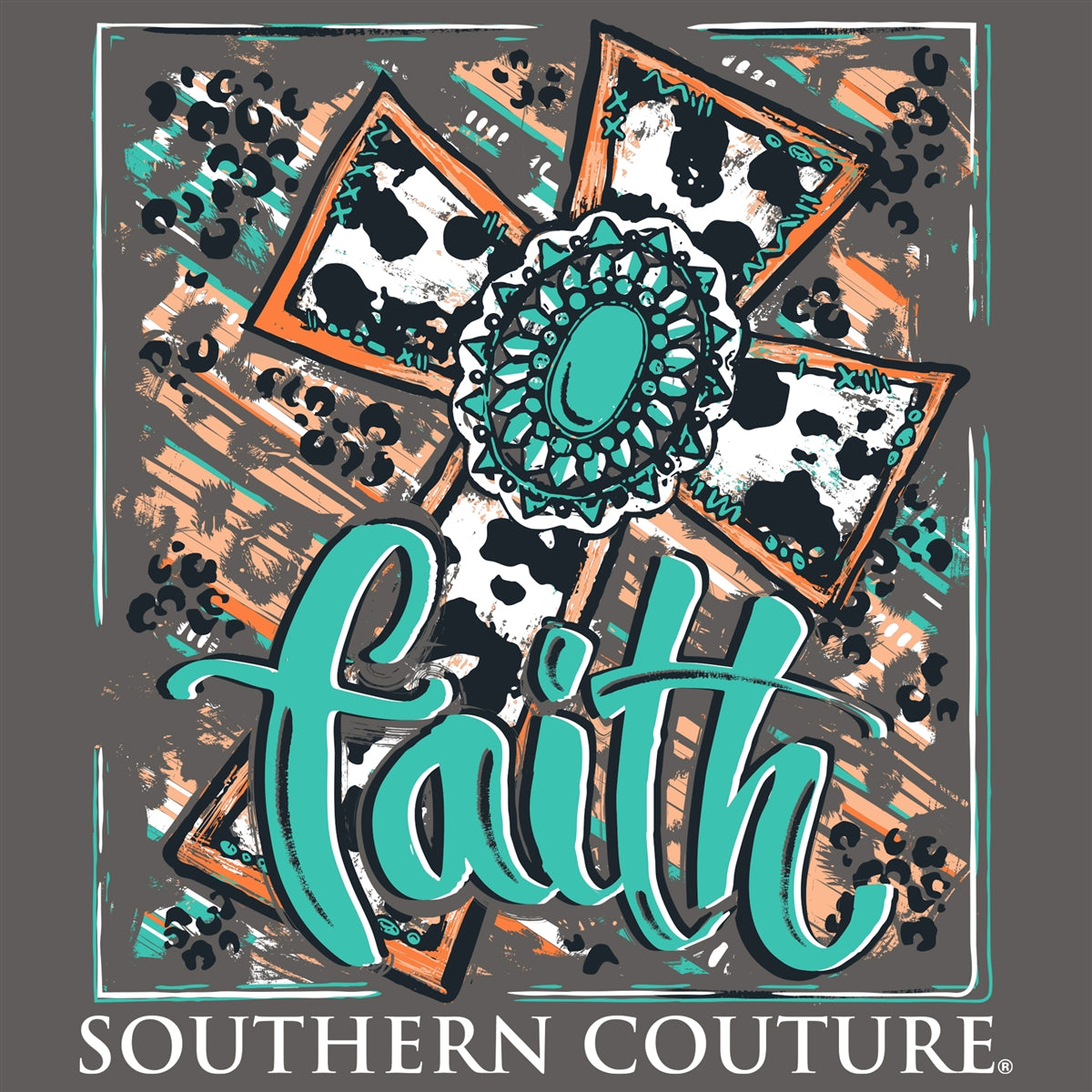 Couture Tee Company Classic Faith Cowprint Cross - Charcoal - SC1184CH