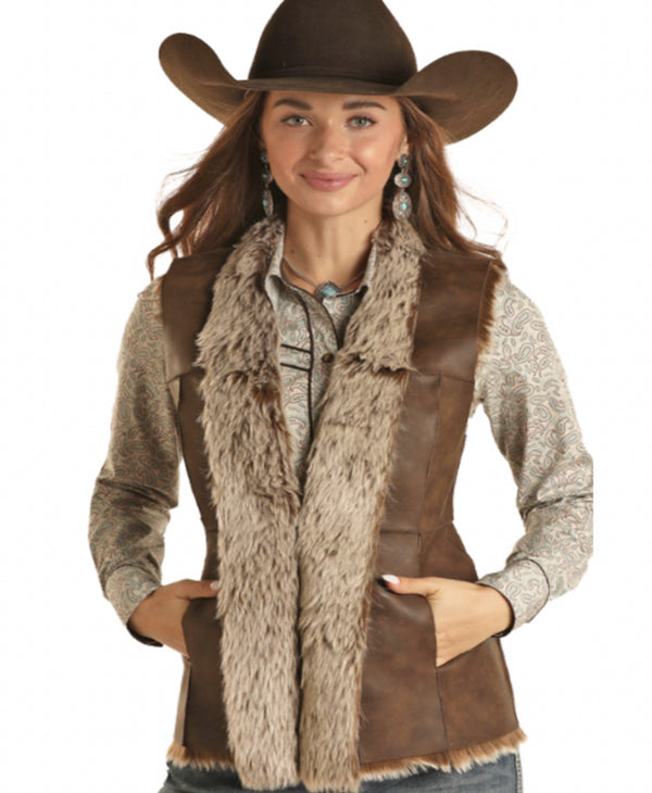 Powder River Ladies Distressed Dark Brown Fur Vest DW98C01859