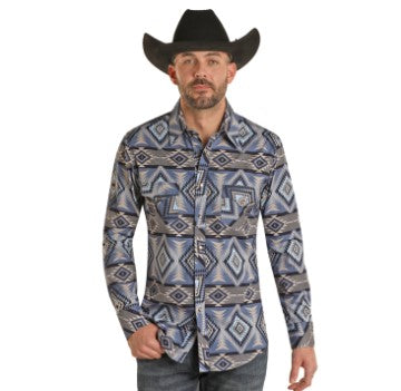 MENS ROCK AND ROLL AZTEC WOVEN PEARL SNAP LONG SLEEVE SHIRT-BMN2S02159