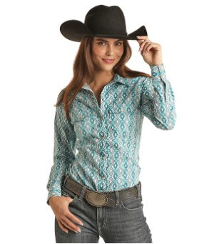 LADIES TURQUOISE AZTEC PEARL SNAP SHIRT-BWN2S02149