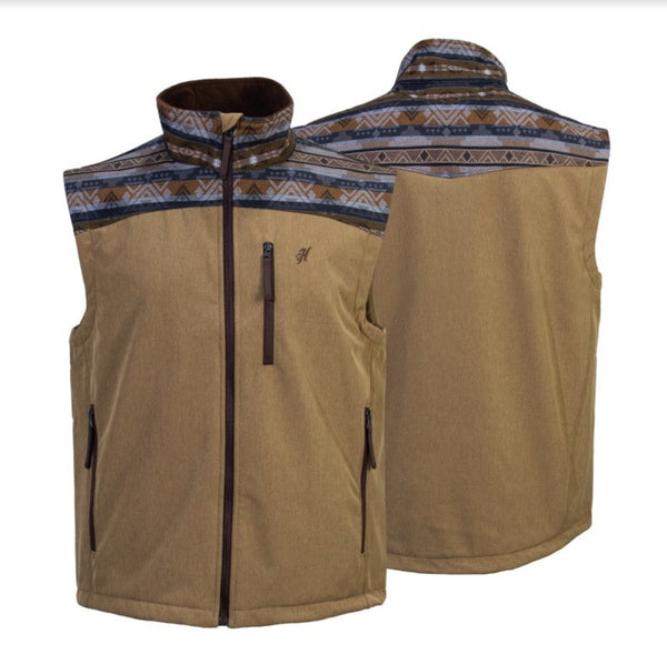 Hooey Men's Softshell Vest, Tan Full Zip Body with Tan/ Brown Aztec Pattern Yoke HV109TNAZ