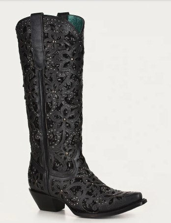 Corral Ladies Black Full Inlay and Studs Tall Top Boot-A3589