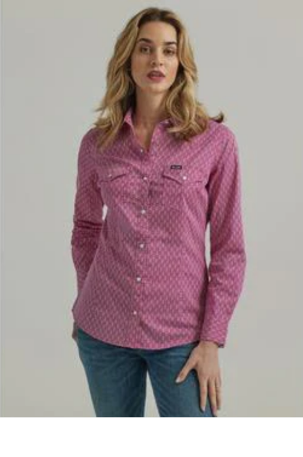 Wrangler Ladies Berry/White Dress Snap Shirt 112345407