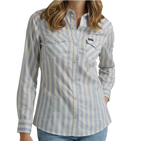 Wrangler Ladies Retro Long Sleeve Western Shirt  White Cornflower Blue Stripe 112345406