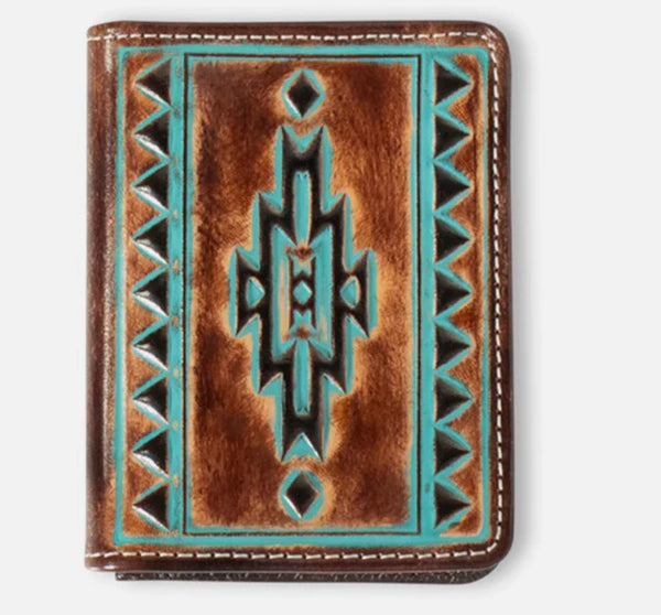 Ariat Western Men's Wallet Bifold Leather Turquoise Outline in Brown A3560102