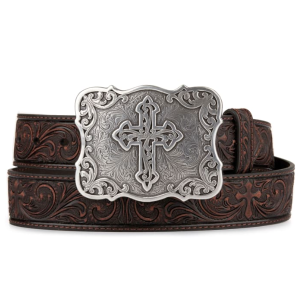 Nocona Women's Brown Tooled Floral and Cross Fashion Western Belt N3483802