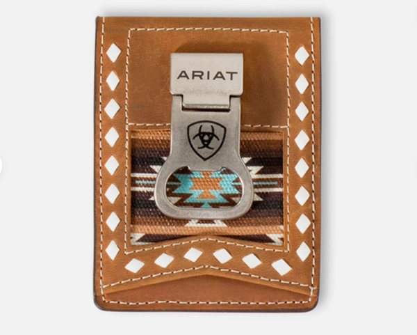 Ariat Men's Western Money Clip with Leather Fabric Logo Laced Brown A3559302