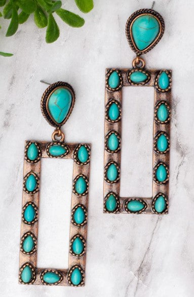 Let's Go Square Dancing Teardrop Turquoise Stone Copper Rectangle Earrings -AE9621TQ