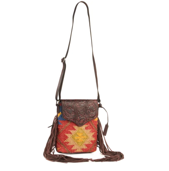 Ariat Brynlee Rust Aztec Blanket with Floral Tooled Leather and Fringe Crossbody Bag A770012197
