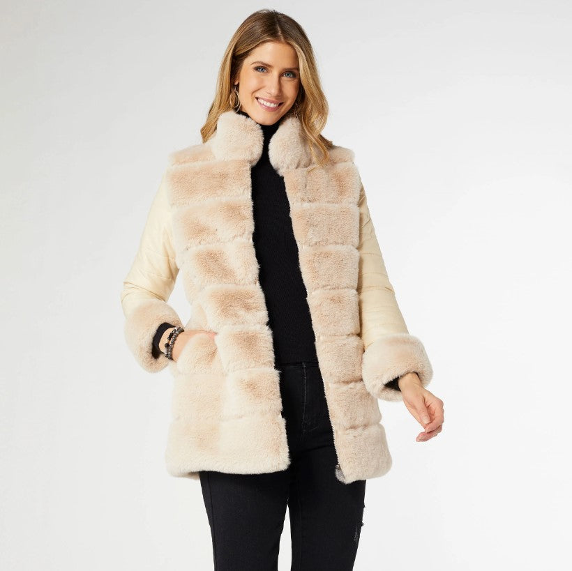 Coco and Carmen Cabrina Faux Fur Jacket With Puffer Sleeves Beige-2439103