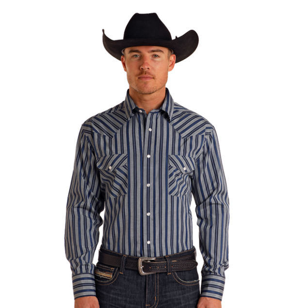 Rock & Roll Men's Blue Satin Snap Button Up Shirt-SMN2S05437