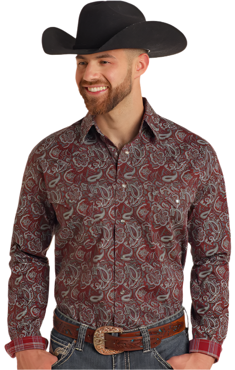 Men's Panhandle Rough Stock Maroon Paisley Long Sleeve Snap Shirt - RMN2S05110