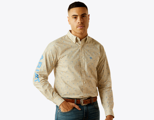 Ariat Men's Khaki Blue Team Alder Fitted Shirt-10058978