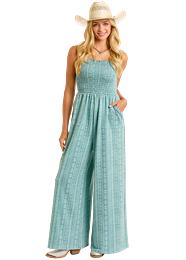 Rock & Roll Denim Ladies Smocked Jumpsuit - Jade - BWR6J06294