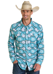 Rock & Roll Denim Men's Aztec Print Western Shirt - Turquoise Aztec - BMN2S06433