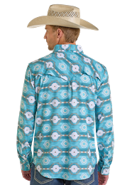 Rock & Roll Denim Men's Aztec Print Western Shirt - Turquoise Aztec - BMN2S06433
