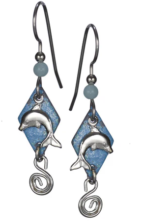 Silver Forest Silver Dolphin Layered Blue diamond with Swirl Dangle Earrings - NE-0583
