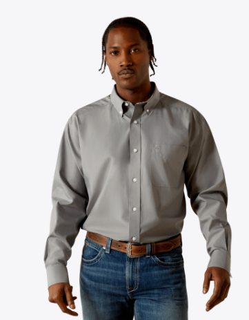 Ariat Mens Grey Wrinkle Free Solid Pinpoint Oxford Classic Fit Shirt-10062526