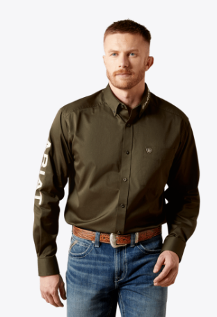 Ariat Mens Olive Team Logo Twill Classic Fit Shirt-10065845
