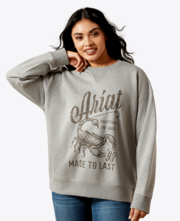 Ariat Ladies Heather Grey Scorpion Script Oversized Sweatshirt-10065870