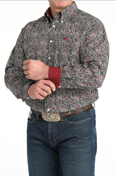 Cinch - Mens Long Sleeve Paisley Button Down Shirt - Navy -MTW1106023
