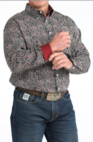 Cinch - Mens Long Sleeve Paisley Button Down Shirt - Navy -MTW1106023