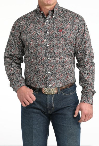 Cinch - Mens Long Sleeve Paisley Button Down Shirt - Navy -MTW1106023