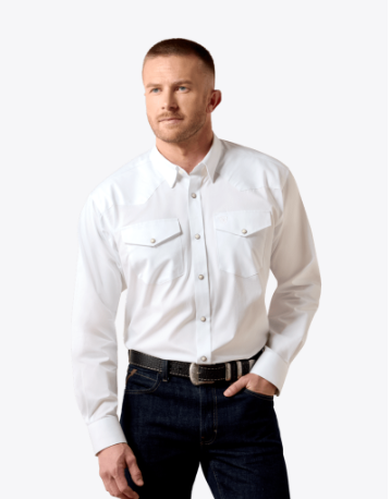 Ariat Mens White Lightweight Solid Twill Classic Fit Shirt-10071236