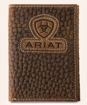Ariat Brown Pebbled Leather Inlayed Logo Patch Trifold Wallet - A3564902