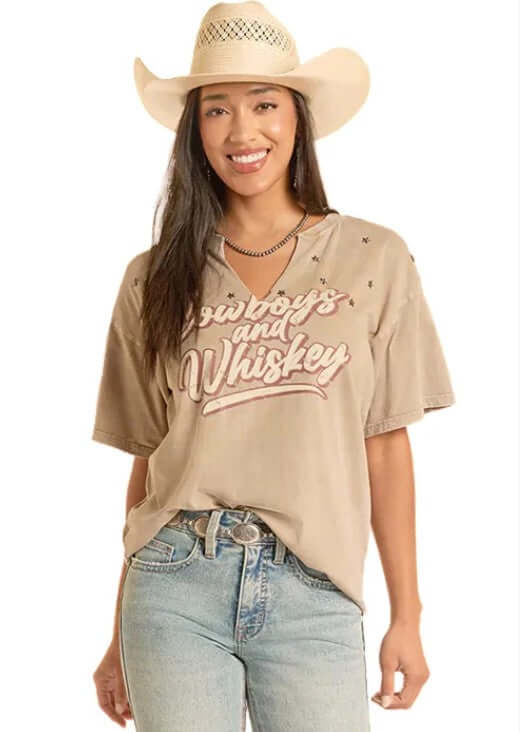 Rock & Roll Cowgirl Women's Cowboys & Whiskey Graphic Tee - BW21T09028