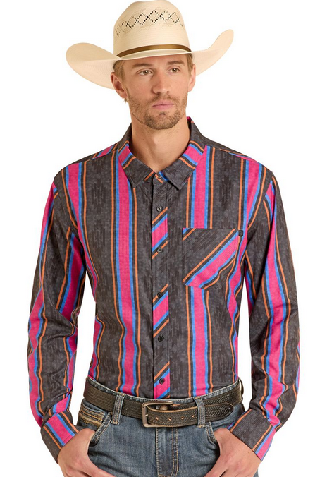 Rock & Roll Men's TEK Ripstop Black Stripes Snap Shirt - BMN3S08684