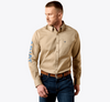 Ariat Men's Team Logo Twill Classic Fit Shirt Savannah Tan and Navy 10079478