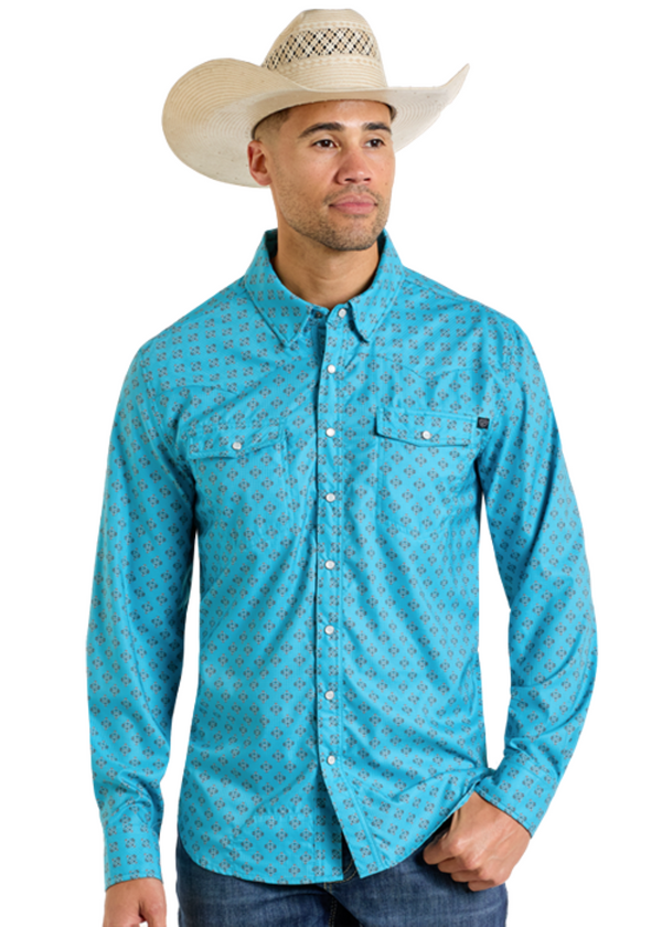 Rock & Roll Men's Denim Geo Print Western Snap - Teal - BMN2S06423