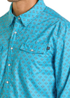Rock & Roll Men's Denim Geo Print Western Snap - Teal - BMN2S06423