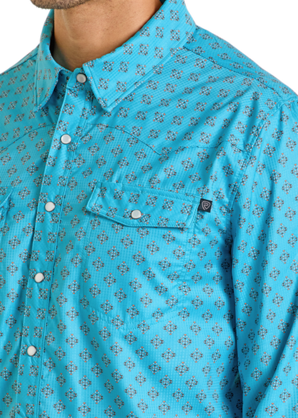 Rock & Roll Men's Denim Geo Print Western Snap - Teal - BMN2S06423