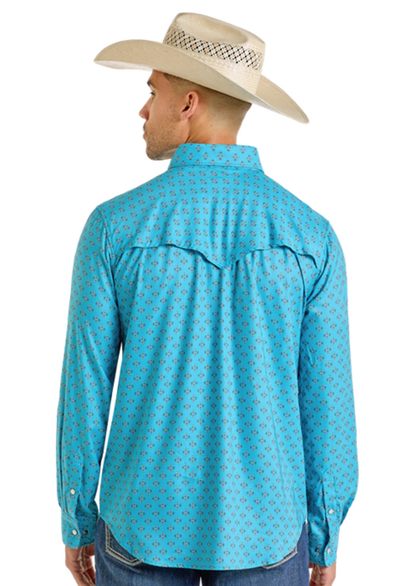Rock & Roll Men's Denim Geo Print Western Snap - Teal - BMN2S06423
