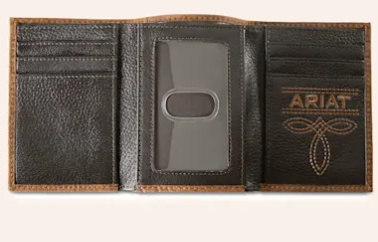 Ariat Brown Pebbled Leather Inlayed Logo Patch Trifold Wallet - A3564902