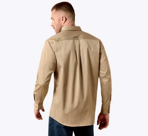 Ariat Men's Team Logo Twill Classic Fit Shirt Savannah Tan and Navy 10079478