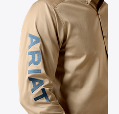 Ariat Men's Team Logo Twill Classic Fit Shirt Savannah Tan and Navy 10079478