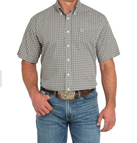 Cinch Men's Short Sleeve Geo Print Button Down Shirt - Cream - MTW1111491
