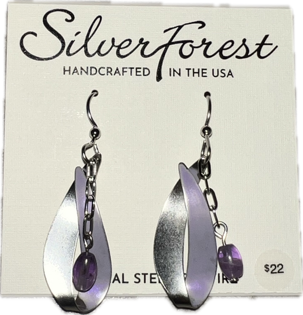 Silver Forest Purple Cross Chain Earrings-NE-2349