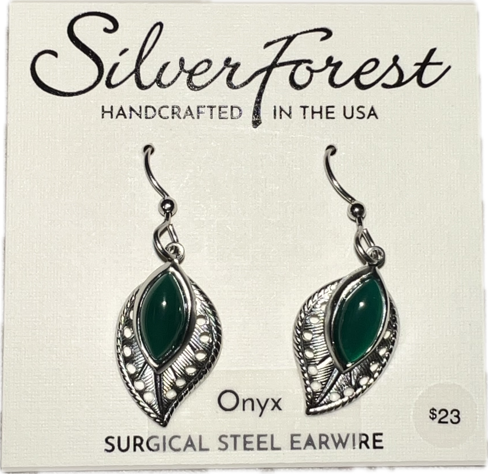 Silver Forest Green Leaf Earrings-NE-2310