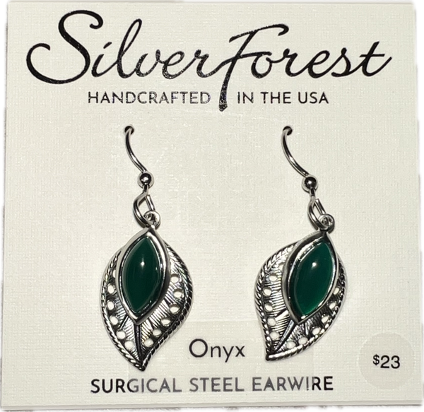 Silver Forest Green Leaf Earrings-NE-2310