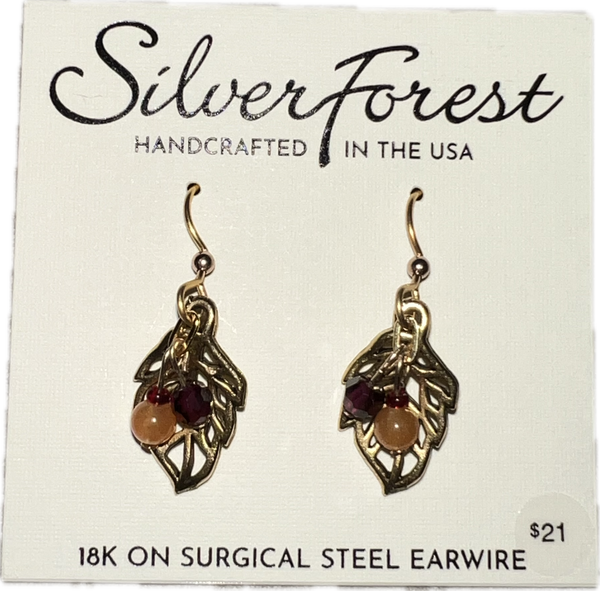 Silver Forest Orange and Burgundy Leaf Earrings-NE-1880D