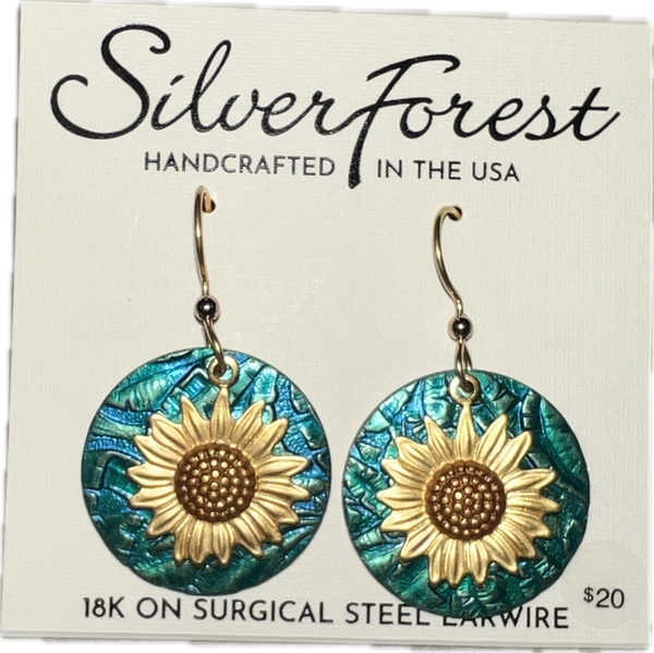 Silver Forest Teal and Sunflower Earrings-NE-2338