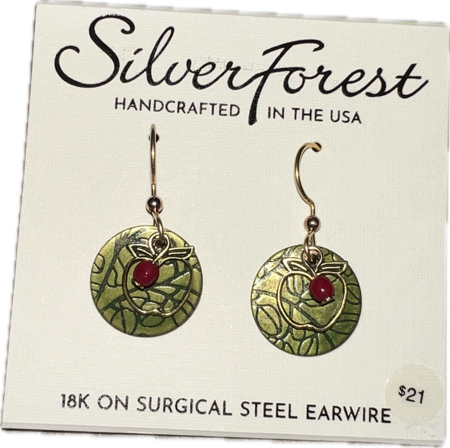 Silver Forest Green Apple Earrings-NE-1824A