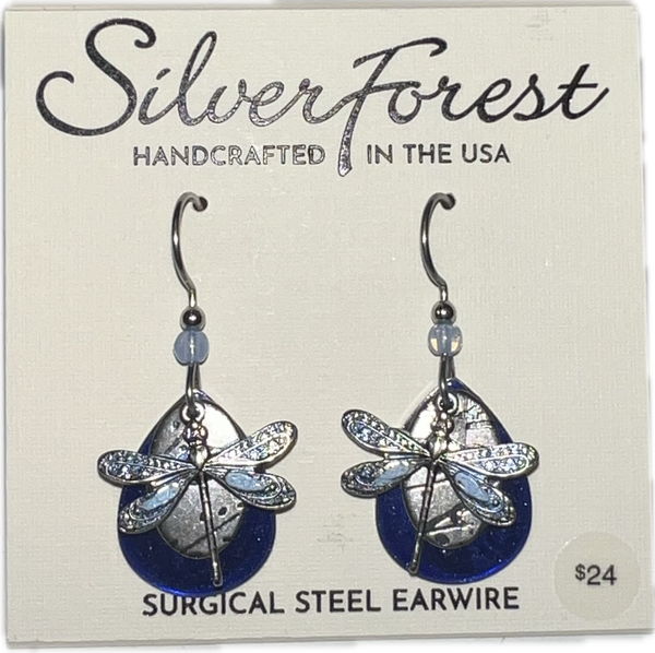 Silver Forest Blue DragonFly Earrings-NE2048A
