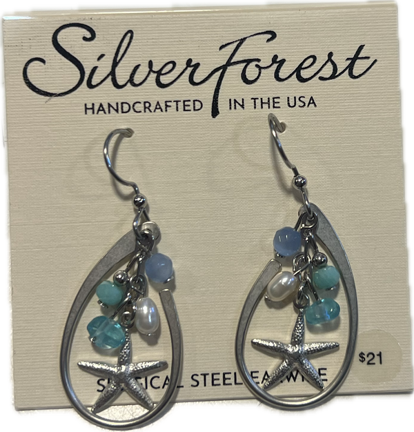 Silver Forest Blue Starfish Half Hook Earrings-NE-2279