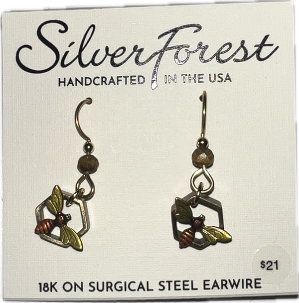 Silver Forest Bee in a Honeycomb Earrings-NE-2157